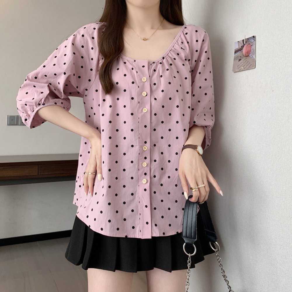 大码女装v领灯笼袖波点娃娃衫
