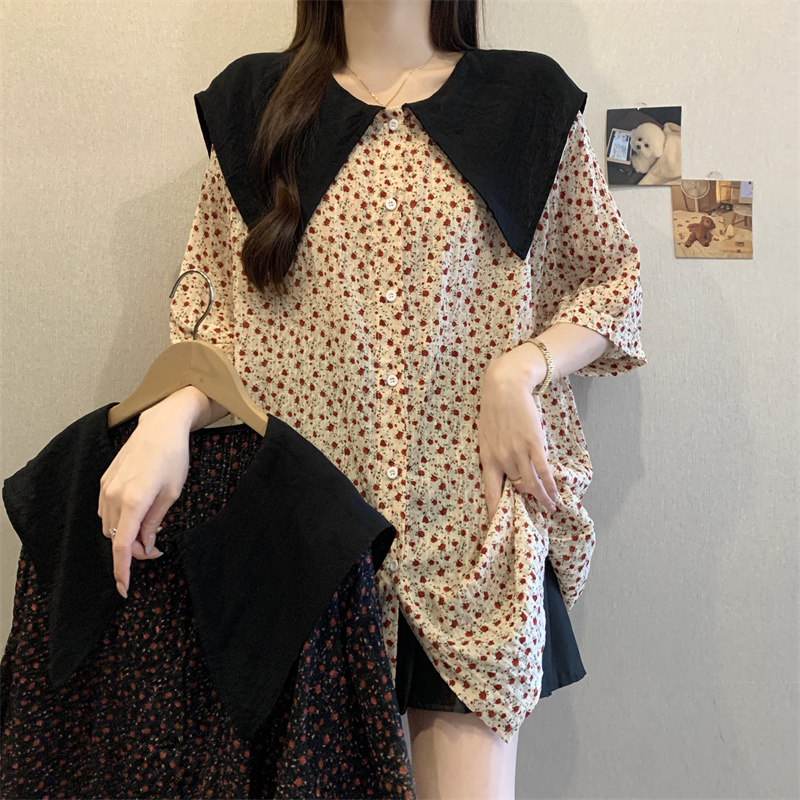 大码女装夏装新款碎花短袖衬衫