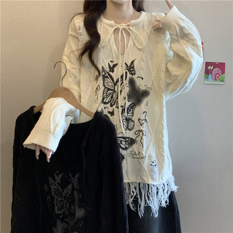 设计感蝴蝶印花毛边针织衫毛衣