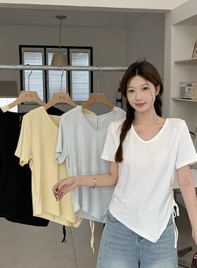 夏装大码V领抽绳设计感短袖T恤