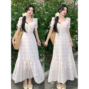 糖果儿新款 碎花长裙女 法式 刺绣方领连衣裙夏微胖mm收腰显瘦泡泡袖