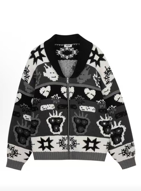 INXX ALLPICK甲骨文图案织花工艺领开衫长袖针织衫灰色APD4061598