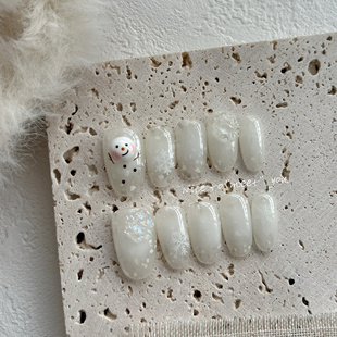 冬日雪宝冬天雪人雪花温变腮红短款穿戴甲美甲成品贴片meetnail