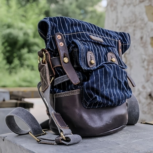 复古工装通勤百搭斜挎包单肩耐磨牛皮重磅水洗帆布配皮休闲面具包