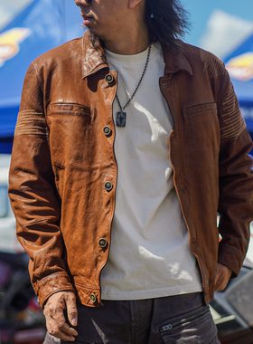 狂欢与静止【匪】C75057-山羊皮重水洗复古做旧皮衣男款真皮夹克