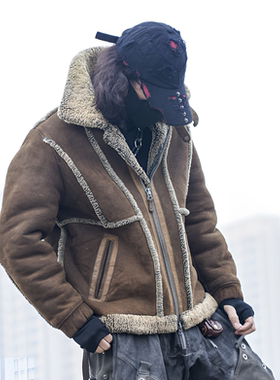 T76083-男款皮毛一体水洗复古风真皮绵羊毛冬季保暖男士皮草外套