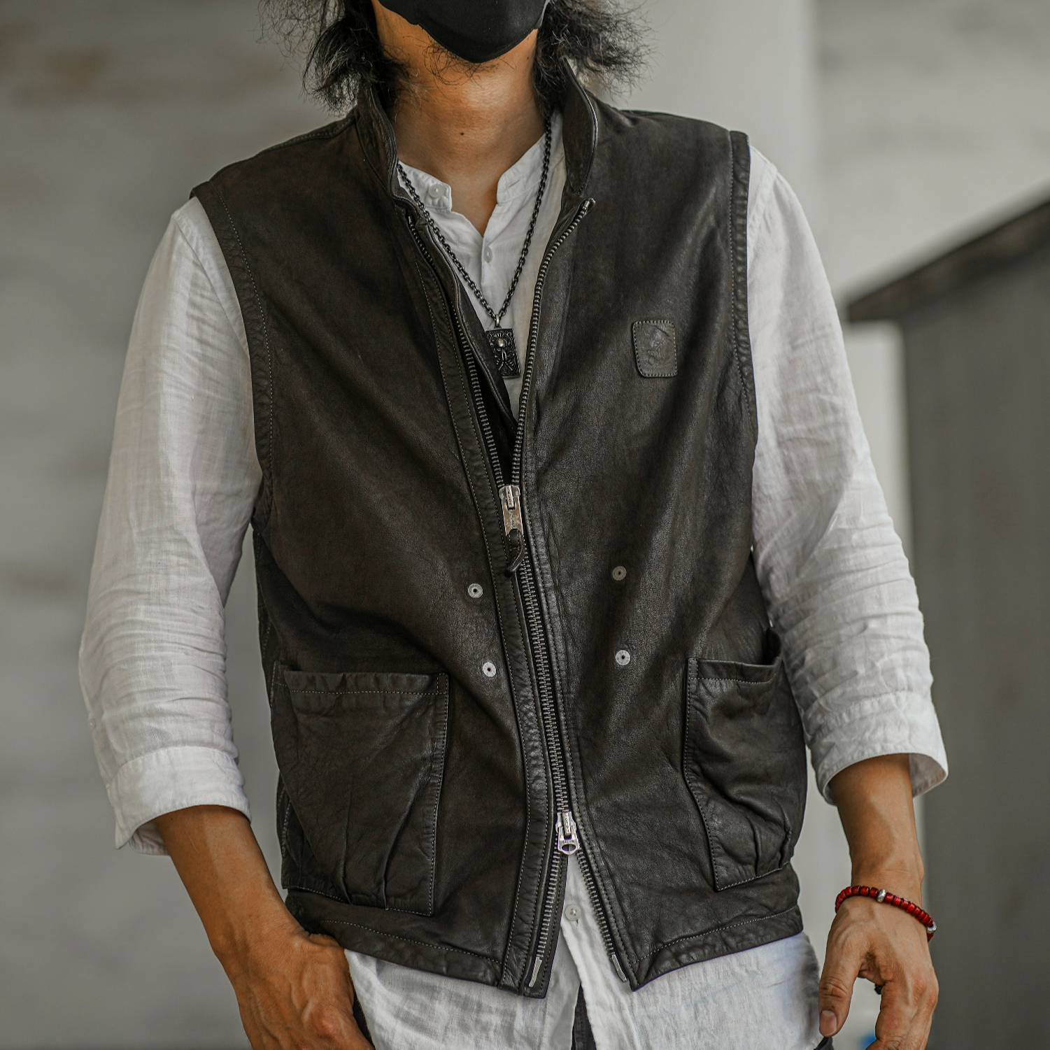 C75052山羊皮休闲复古机车男款马夹水洗做旧美式时尚透气男式坎肩
