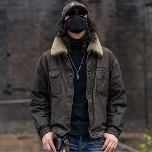 C76067-1牛皮3M新雪丽暖绒复古加厚皮衣男款真皮秋冬机车皮衣夹克