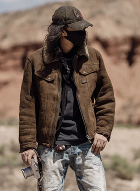 T76059-男款皮毛一体复古水洗做旧工艺保暖皮草休闲外套通勤夹克