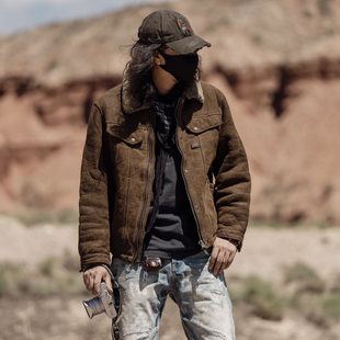 T76059-男款皮毛一体复古水洗做旧工艺保暖皮草休闲外套通勤夹克