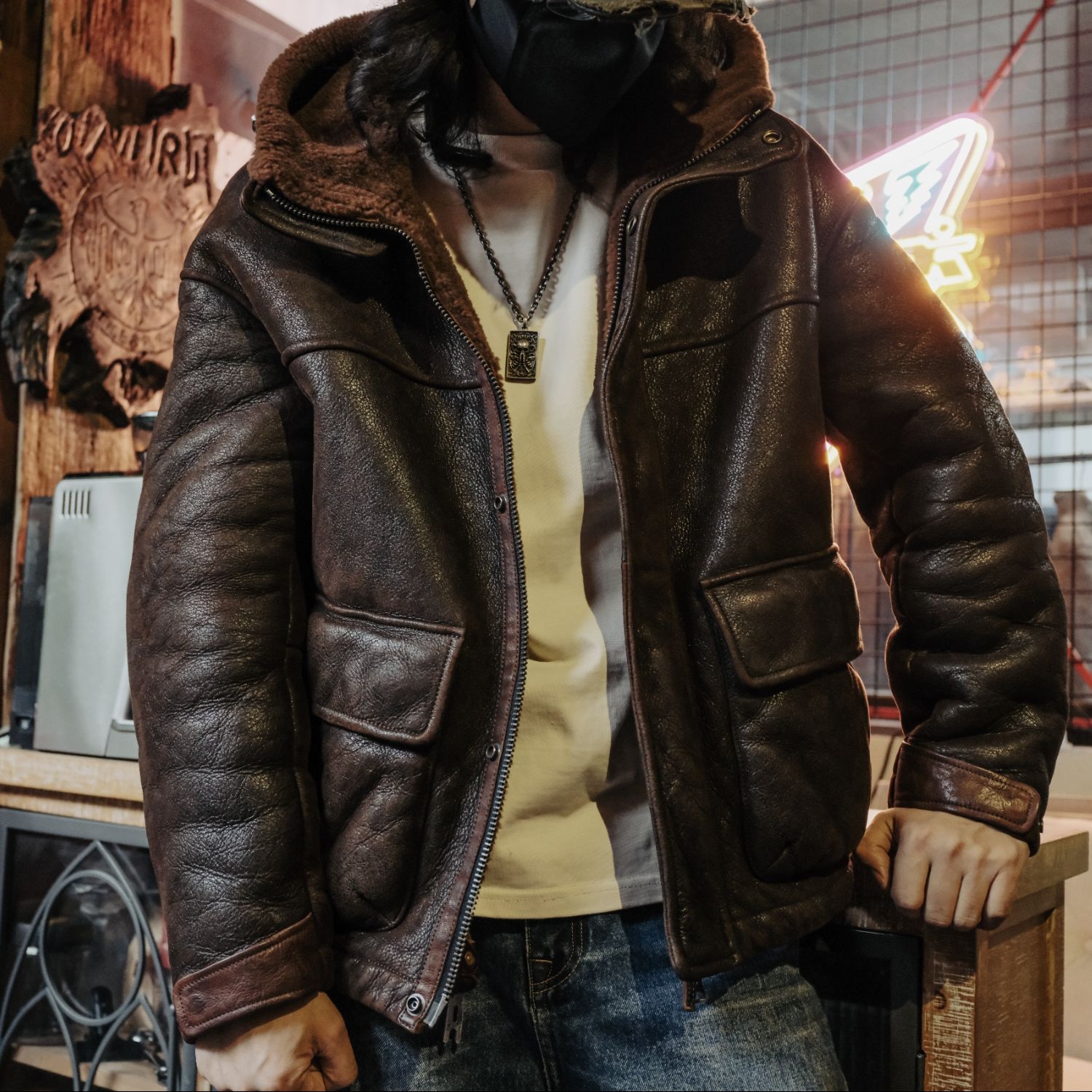 T76061-醇植浆染男款皮毛一体复古水洗做旧工艺保暖皮毛一体男款