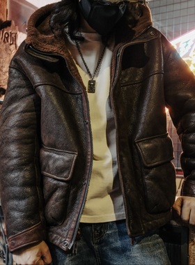 T76061-醇植浆染男款皮毛一体复古水洗做旧工艺保暖皮毛一体男款