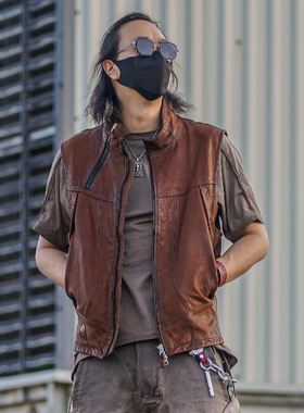 C75031男士休闲复古山羊皮机车水洗做旧美式时尚透气坎肩皮马甲