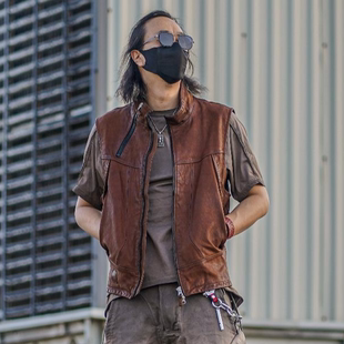 C75031男士休闲复古山羊皮机车水洗做旧美式时尚透气坎肩皮马甲