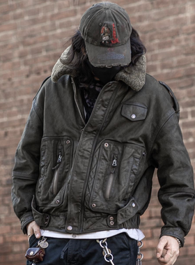 C76063-1牛皮3M新雪丽暖绒复古加厚皮衣男款真皮秋冬机车皮衣夹克