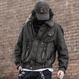 C76063-1牛皮3M新雪丽暖绒复古加厚皮衣男款真皮秋冬机车皮衣夹克