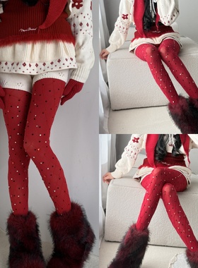 圣诞夜时髦狙击手~复古波点酒红色连裤袜叠搭爱心钻网袜