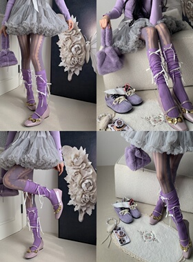 隐形c位穿搭2026芭蕾风蝴蝶结少女紫色小腿袜叠搭竖纹蕾丝连裤袜