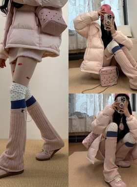 绒雪慵懒语2025冬季费尔岛波点过膝长筒袜叠搭抽绳拼接堆堆袜套