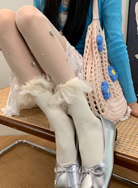 优雅日常2026春季温柔设计款网纱花边针织小腿袜叠穿亮钻装饰丝袜