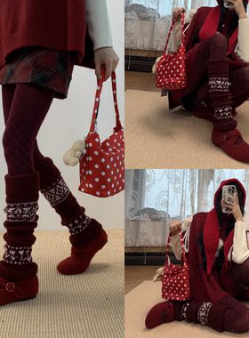 从圣诞到新年~深红菱格连裤袜叠搭复古红色费尔岛风针织袜套