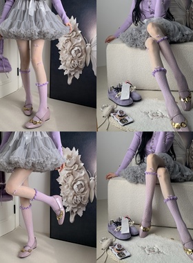 生活花絮2026春季绸缎花边镂空小腿袜叠搭水钻紫色蝴蝶结连裤袜