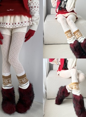 冬日旧时光2025冬季蕾丝边白色小腿袜叠搭圣诞风费尔岛袜套