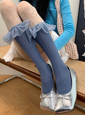 月雾芳汀2026春季芭蕾风网纱蓝色小腿袜叠穿碎花暗纹奶白色丝袜