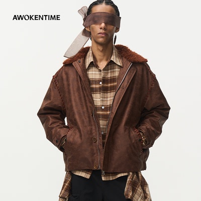 AWOKENTIME美式复古翻领羊羔毛拼接夹克棉服短外套2025年秋冬新款