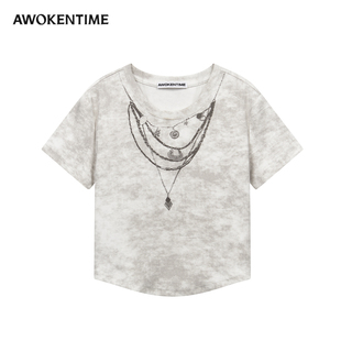 AWOKENTIME 上衣 棉混纺项链印花扎染圆领弧形下摆短袖 T恤女修身