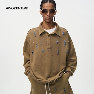 AWOKENTIME复古镶钻polo领2025年秋冬新款 上衣 卫衣宽松套头长袖