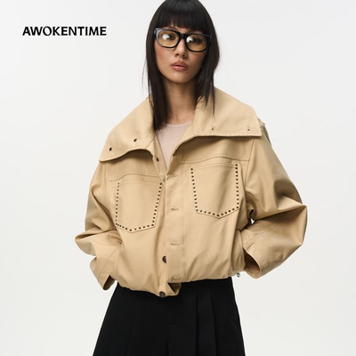 AWOKENTIME春秋宽松大翻领铆钉短款夹克休闲外套女2026春新款