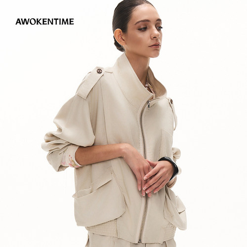 AWOKENTIME2026年秋季新款简约休闲风翻领拉链卫衣外套复古长袖女