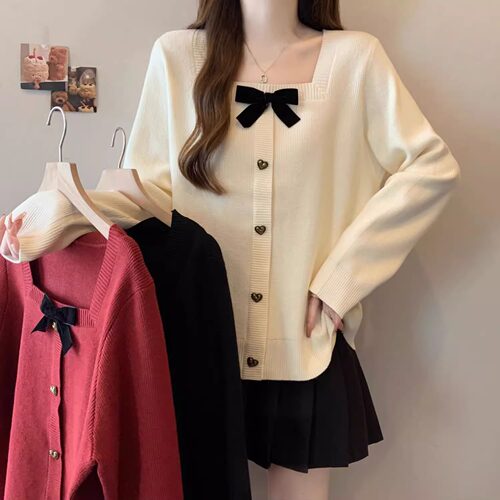 方领针织上衣女秋冬蝴蝶结