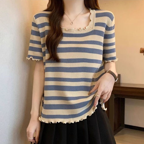 木耳边方口领冰丝短袖T恤女夏季