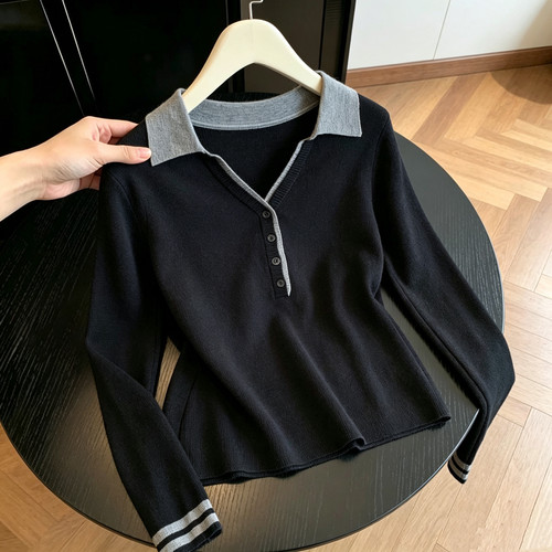 撞色POLO领针织衫女秋冬