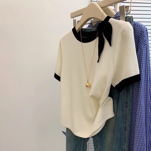 蝴蝶结系带冰丝针织短袖T恤女夏