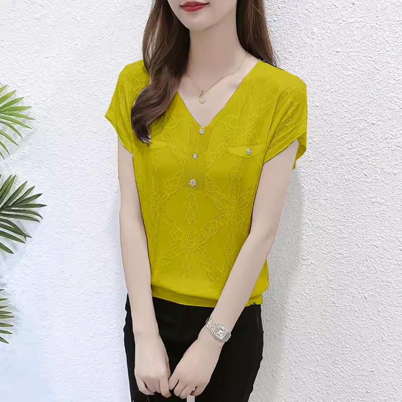 V领冰丝短袖T恤女夏蝙蝠袖上衣