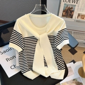 圆领条纹短袖 200斤 T恤女夏洋气减龄披肩系带上衣 宽松显瘦
