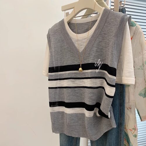 假两件撞色正肩短袖T恤女夏季