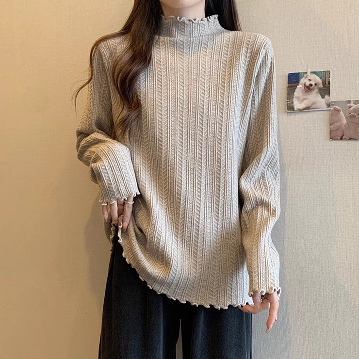 洋气木耳边针织上衣女秋冬半高领