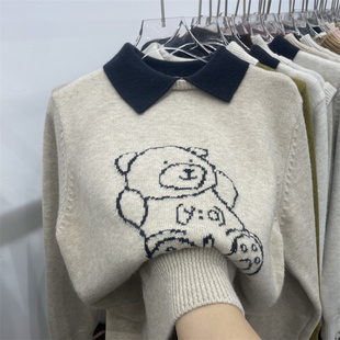 宽松显瘦【80-200斤】小熊提花套头毛衣女秋冬洋气减龄Polo领上衣