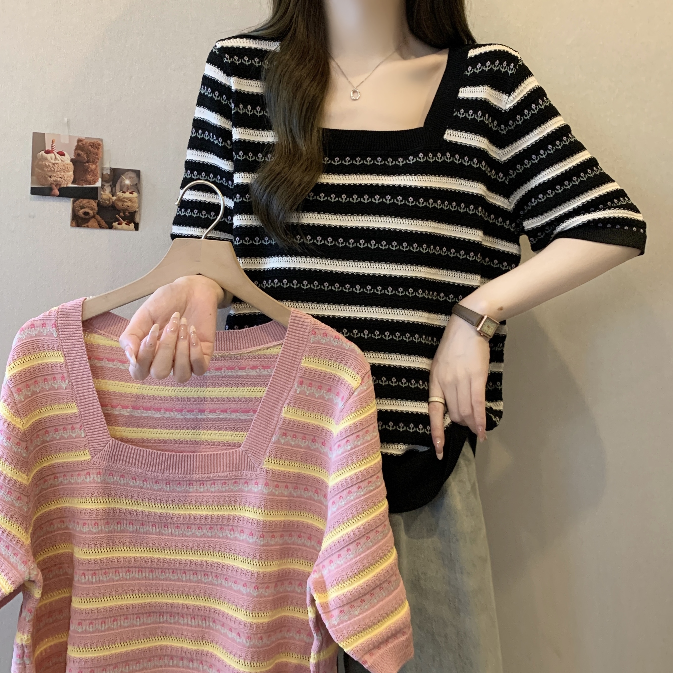 方领撞色冰丝短袖T恤女夏季