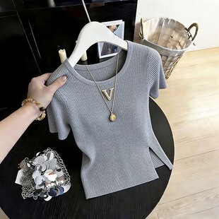 圆领套头短袖 大码 200斤 T恤女夏遮肚显瘦减龄开叉上衣 女装