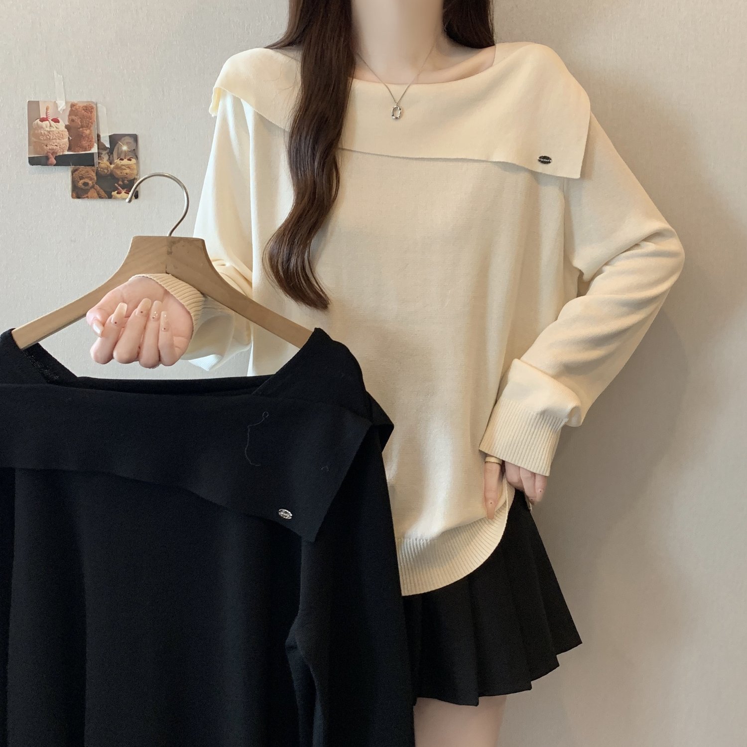 胖妹妹方领针织上衣宽松显瘦毛衣