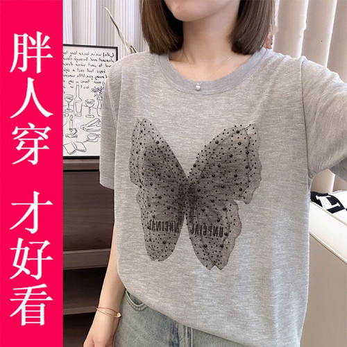 蝴蝶印花烫钻圆领短袖T恤女夏
