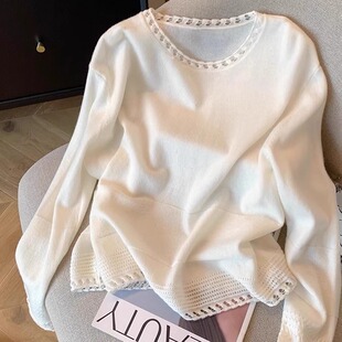 圆领镂空毛衣秋冬高级感软糯上衣气质针织衫 200斤 宽松显瘦