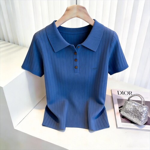 蓝色polo领针织短袖T恤女夏季