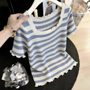 200斤 条纹木耳边短袖 T恤女夏季 洋气减龄上衣 大码 薄款 女装