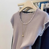 女装 无袖 设计感钉珠冰丝短袖 大码 T恤女夏季 宽松显瘦时尚 上衣薄款